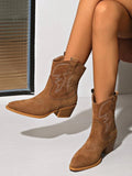 Claire | Women's Pointed Toe Embroidered Block Heel Mid Calf Boots with Cutout