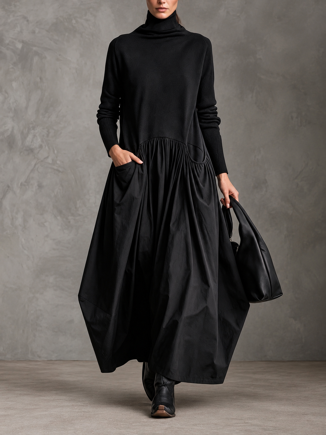 Vestido largo oversize con cuello alto y bolsillos