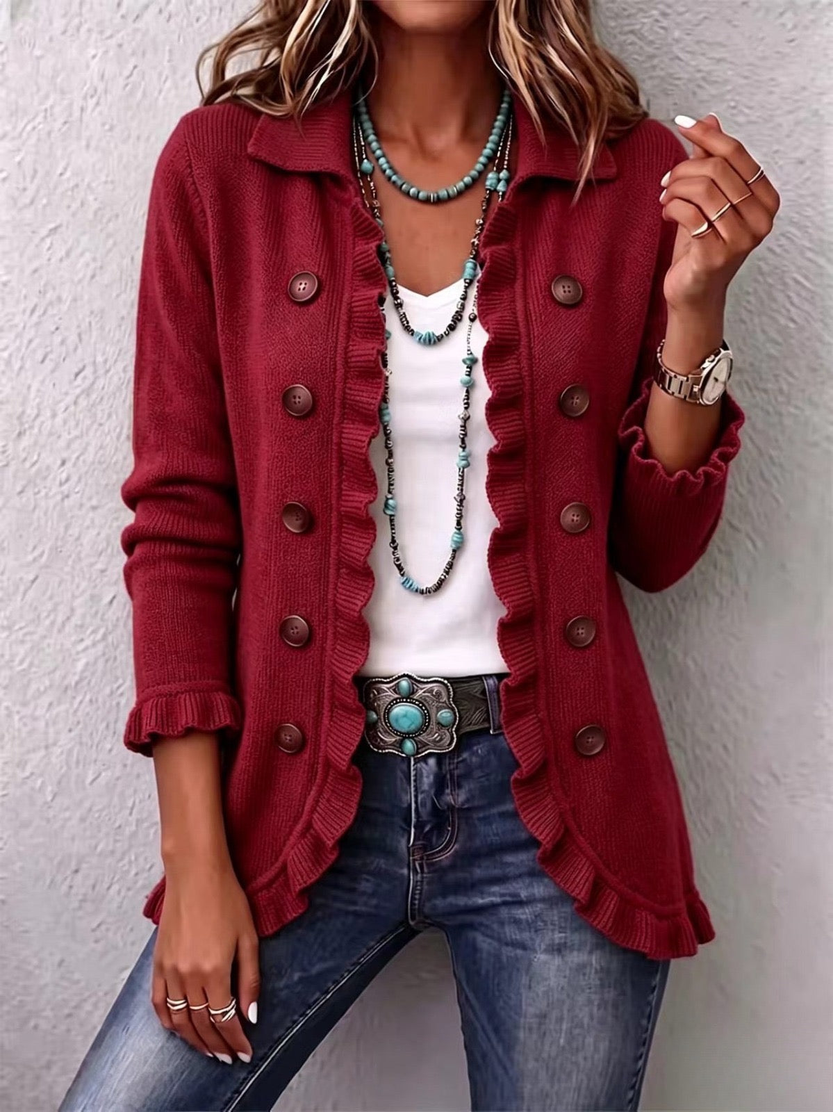 Annunziata | Veste en maille rouge rubis à volants