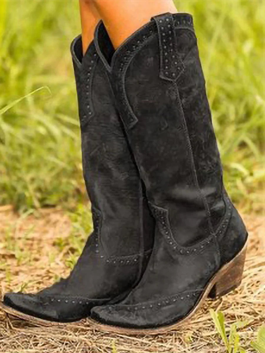 Hayley | Women's Western Studded Vintage Cowgirl Boots with Low Heel and Rivets