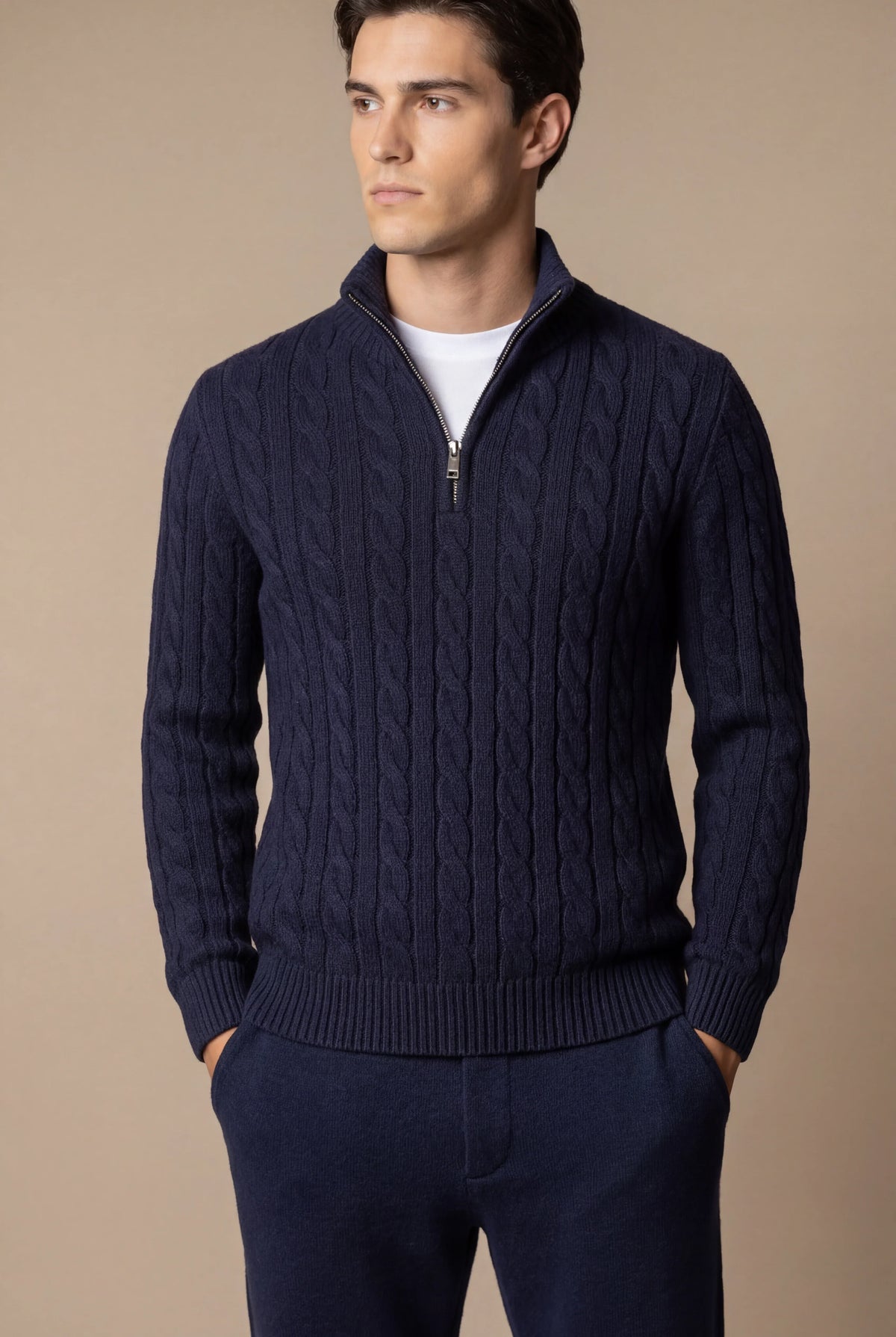 Pull zippé en maille Sero bleu marine