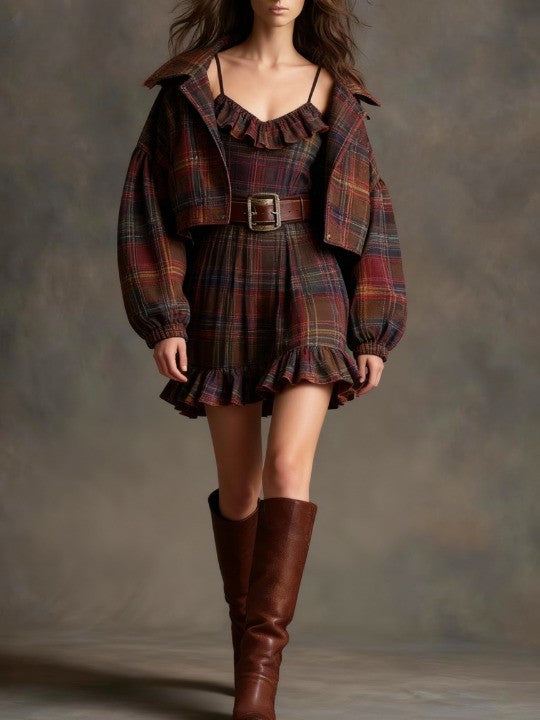 Robe Mini Vintage à Carreaux et Rayures avec Veste Large (ceinture incluse)