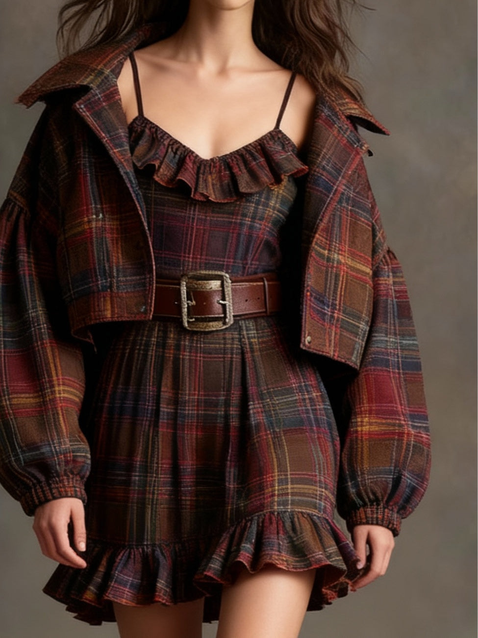 Robe Mini Vintage à Carreaux et Rayures avec Veste Large (ceinture incluse)