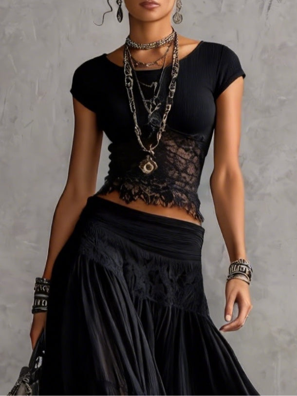 Ensemble Noir Top en Dentelle Transparente & Jupe Maxi Plissée
