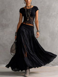 Ensemble Noir Top en Dentelle Transparente & Jupe Maxi Plissée