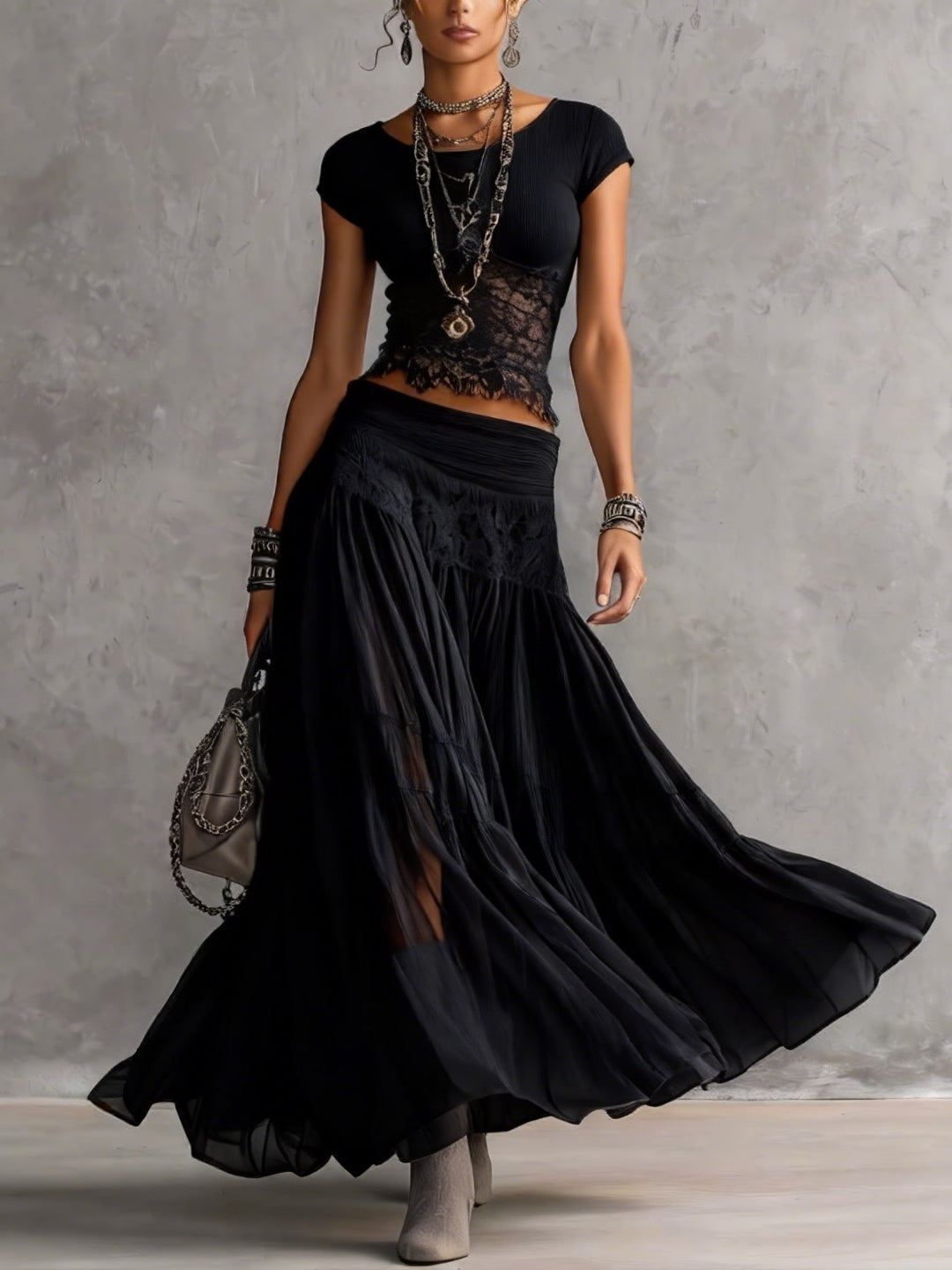 Ensemble Noir Top en Dentelle Transparente & Jupe Maxi Plissée