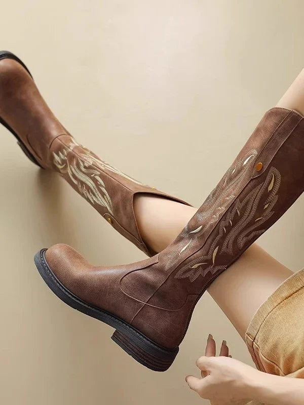 Millicent | Women's Block Heel Round Toe Embroidered Biker Knee High Boots