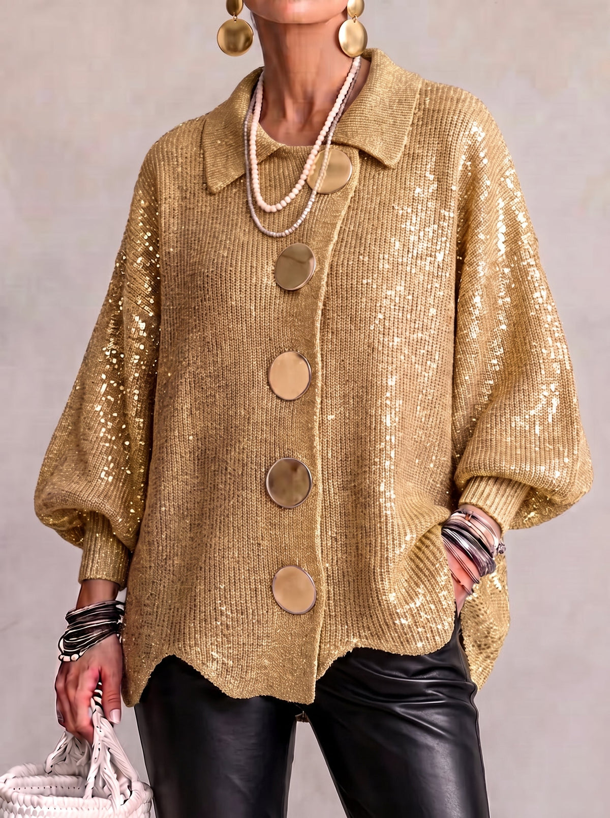 Cardigan oversize en maille à col et grands boutons métalliques