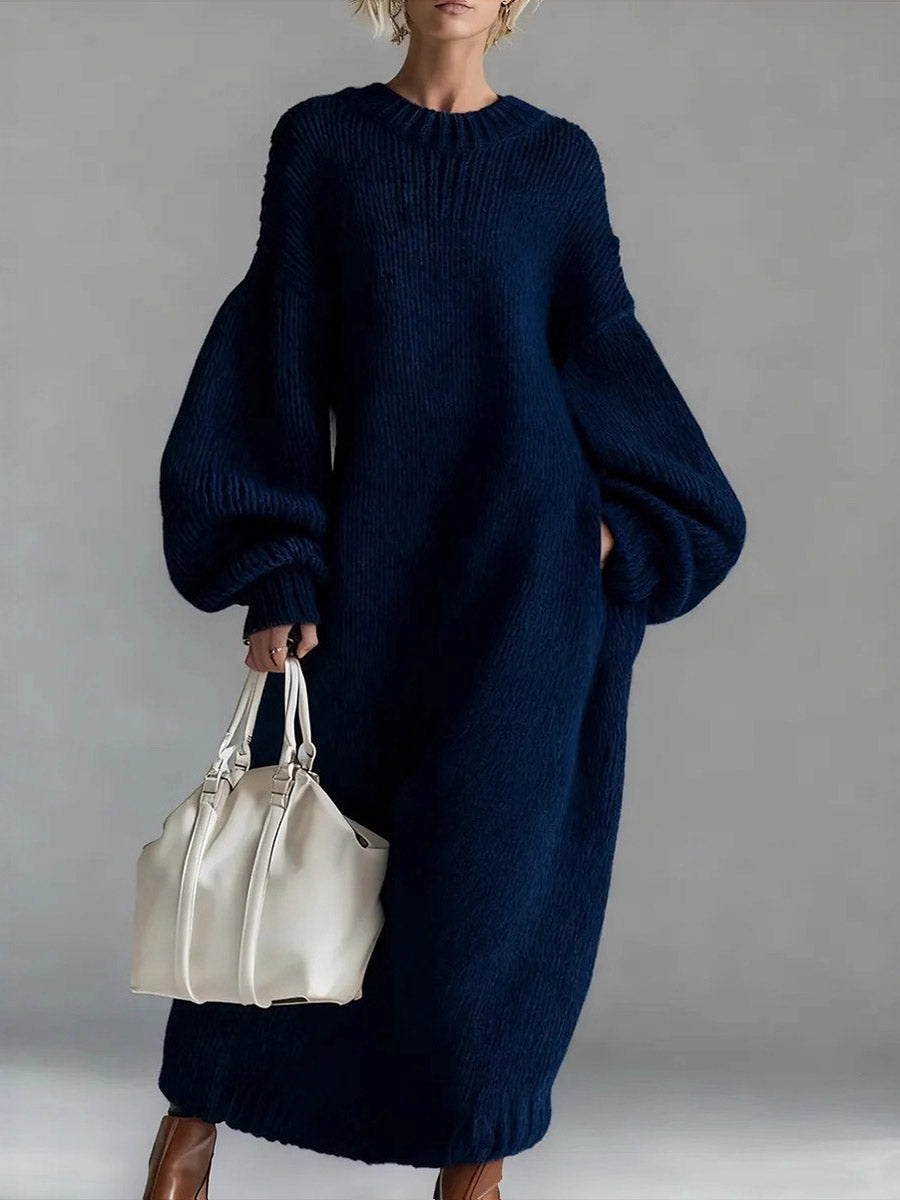 Robe Pull Casual Ample à Col Rond et Manches Longues en Maille Unie