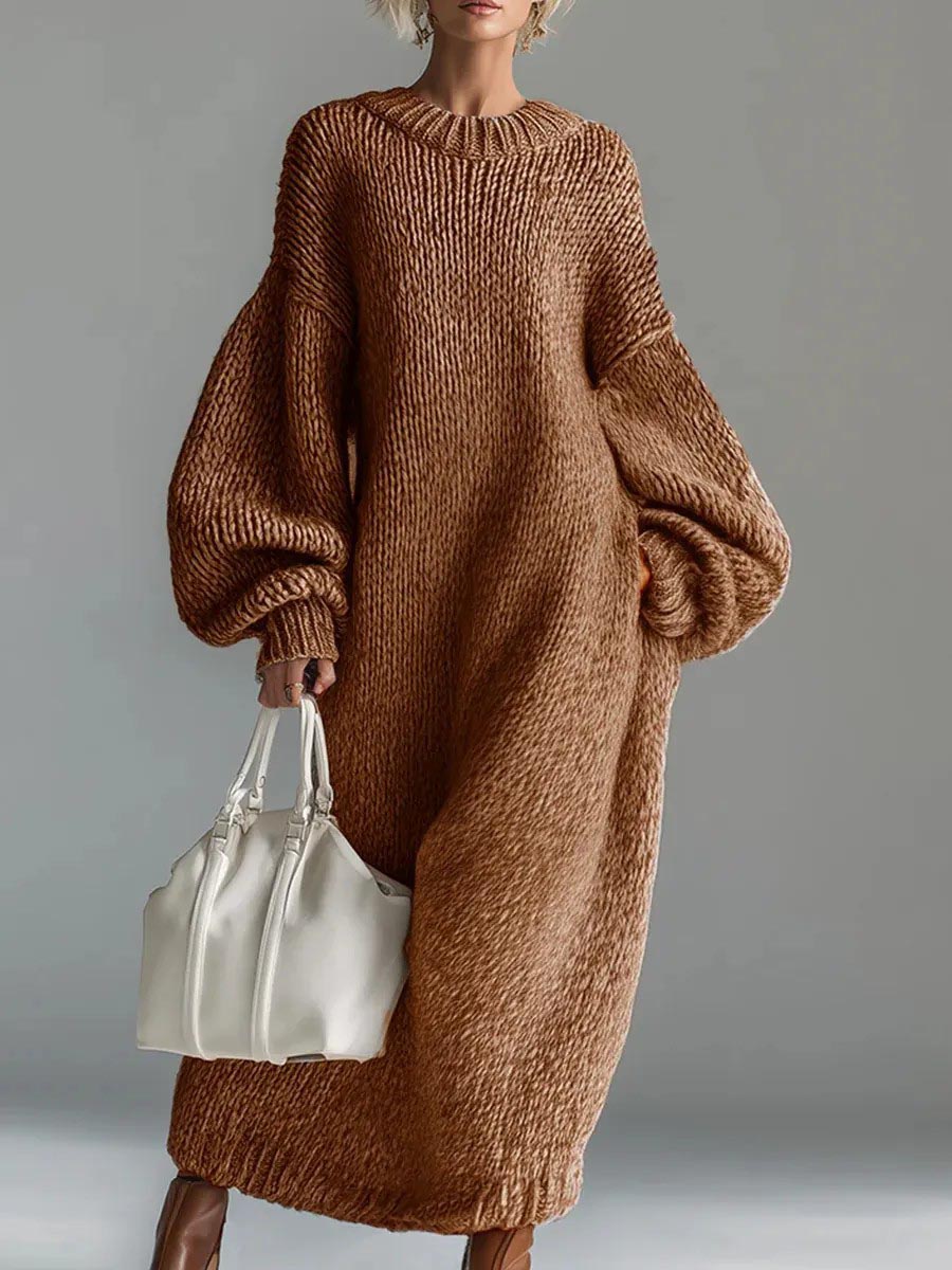 Robe Pull Casual Ample à Col Rond et Manches Longues en Maille Unie