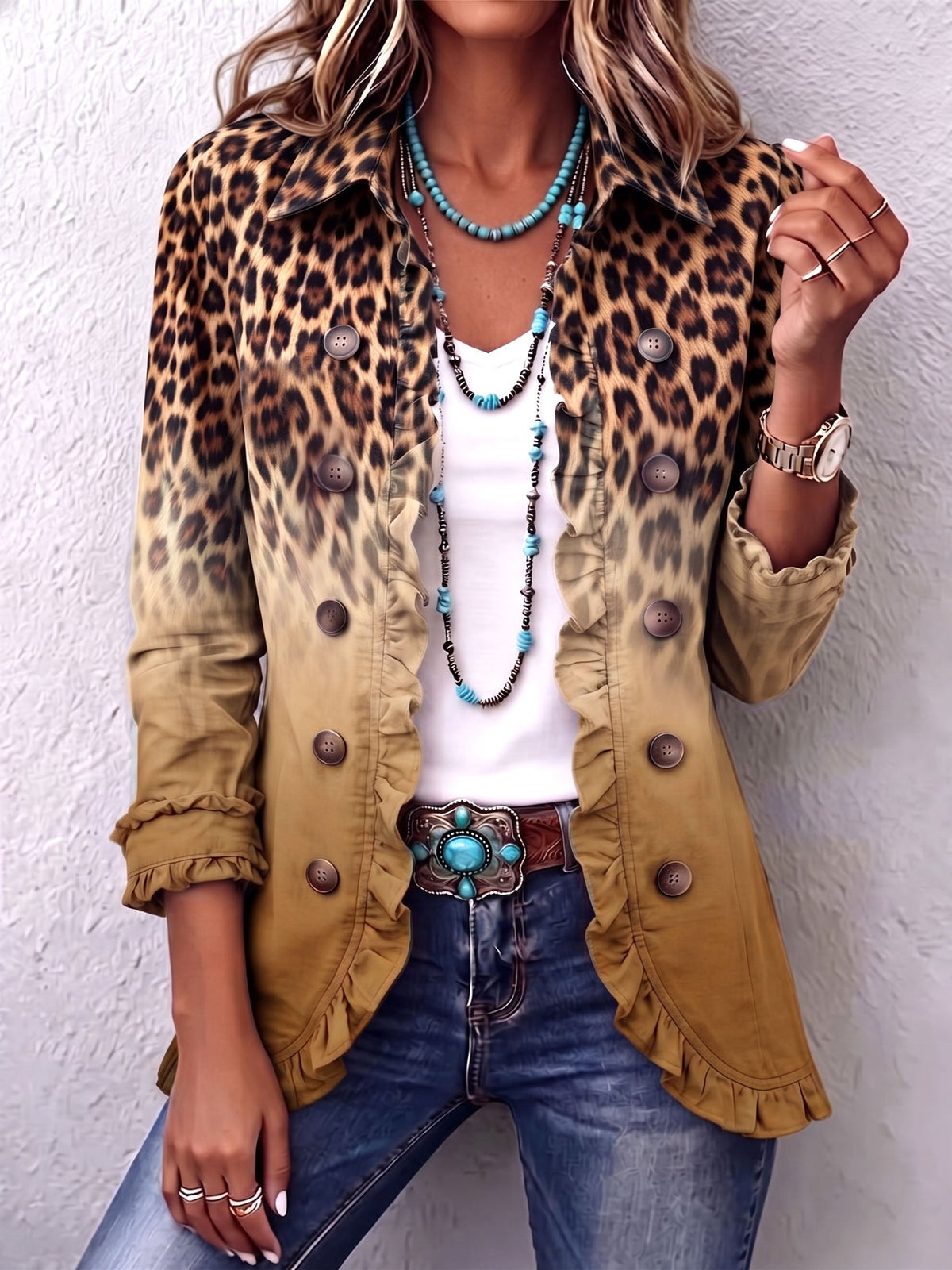 Ortensia | Blazer Léopard Ocre à Volants