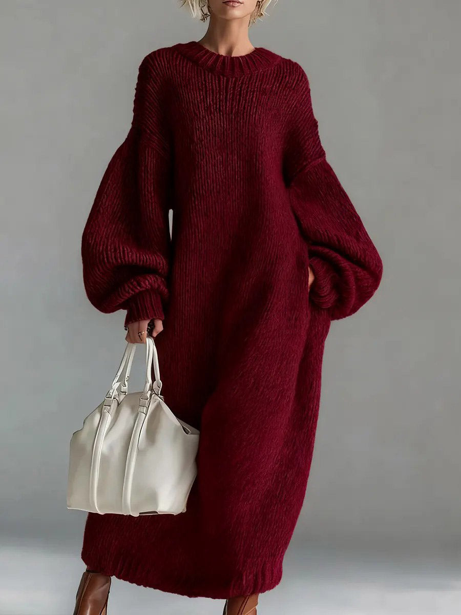 Robe Pull Casual Ample à Col Rond et Manches Longues en Maille Unie