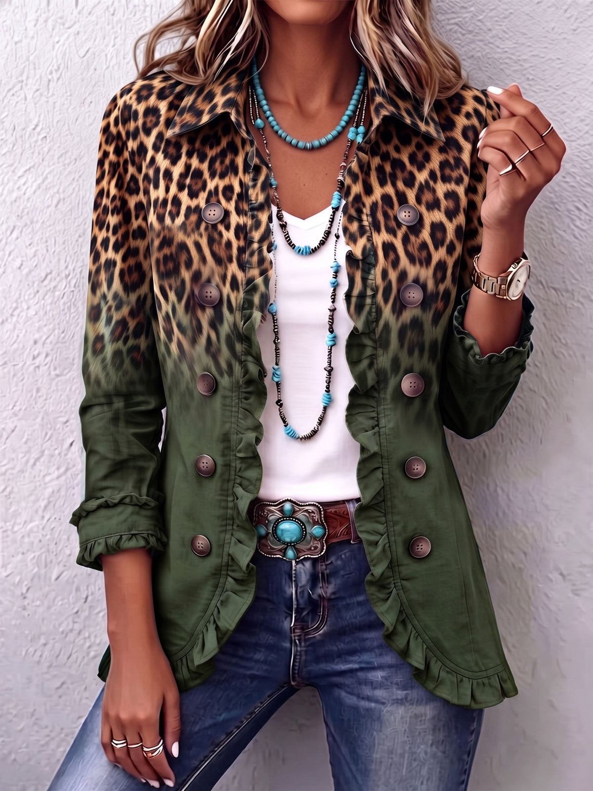 Nunzia | Blazer léopard vert à volants