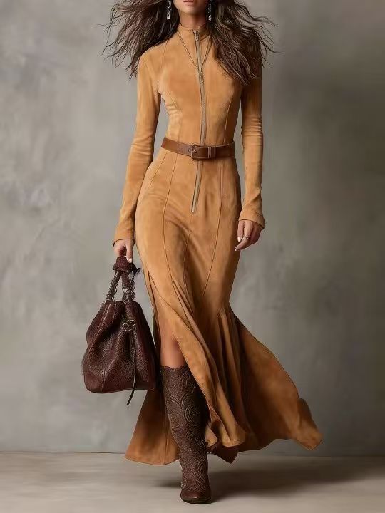 Marceline | Robe Longue Marron avec Ceinture